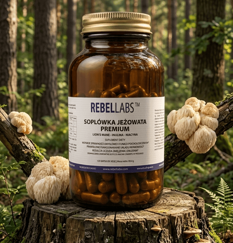 REBEL Soplówka Jeżowata PREMIUM — 120 kapsułek | 100% owocnika, β-glukan 24,24%